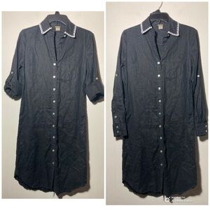 Magaschoni Linen Button Down Shirt Dress Adjustable Sleeves Size XSmall Black